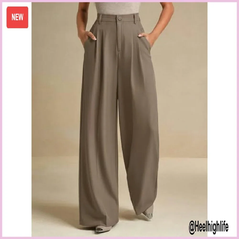 Women's Wide Leg Dress Pants High Waist Elastic Back Flowy Trousers - Picture 6 of 8